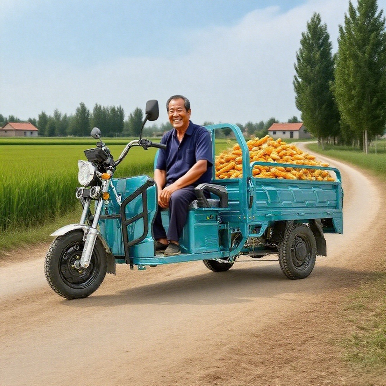 Electric cargo tricycle being used for agricultural transport - man with corn harvest in rural setting