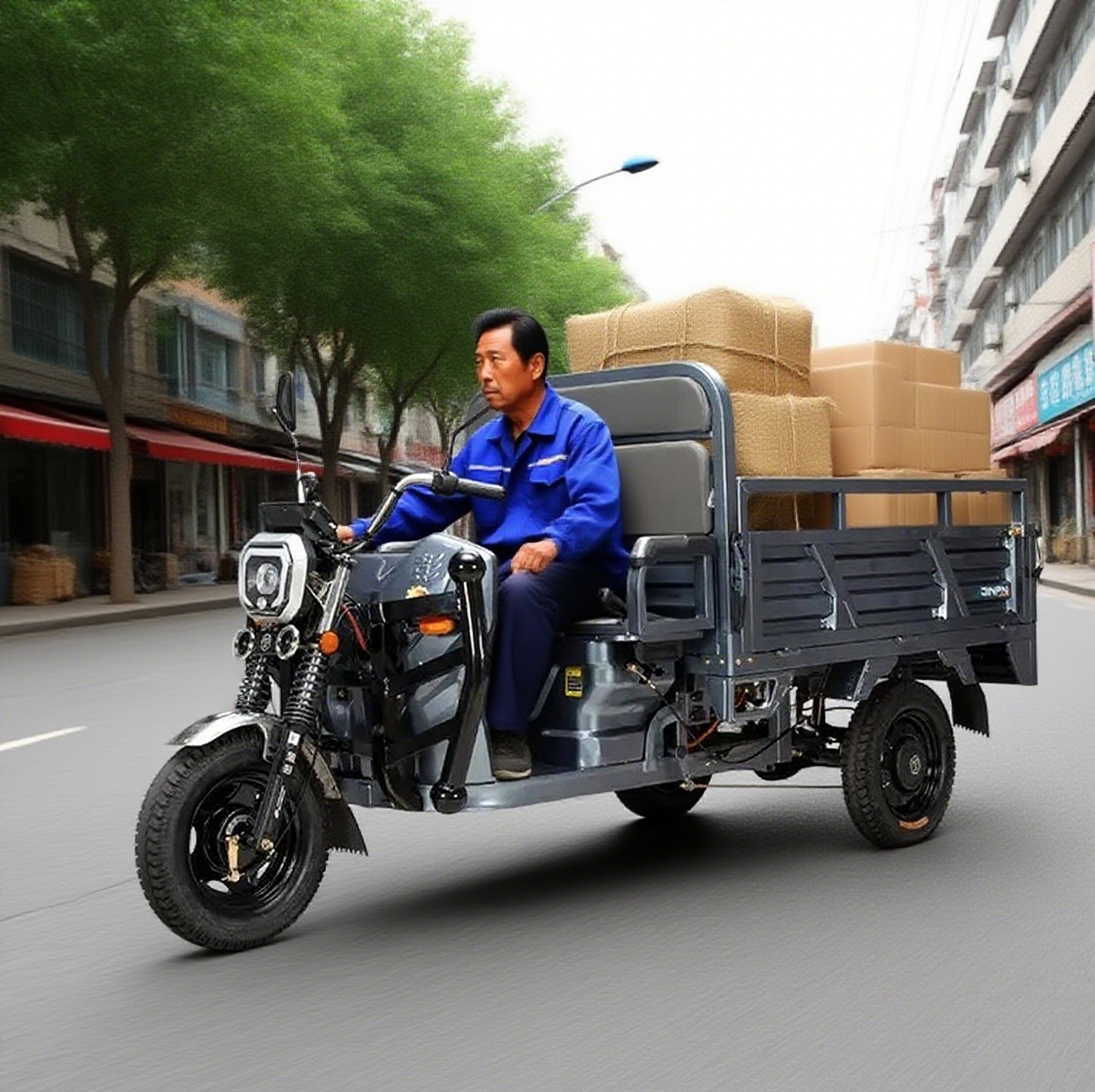 Electric cargo tricycle being used for urban delivery - man with packages in city street